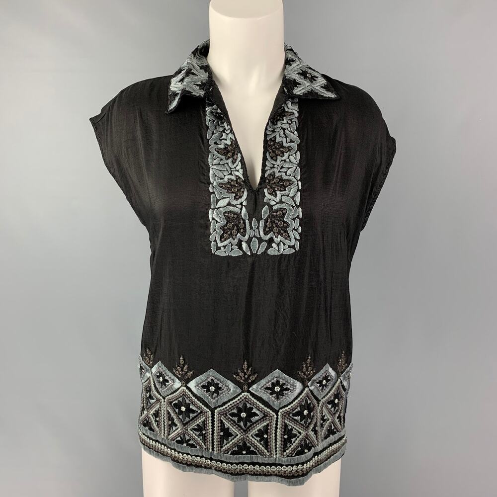 DRIES VAN NOTEN Size 4 Black & Blue Silk Embroidered Sleeveless Dress Top